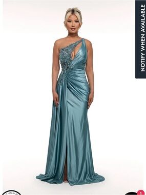 One-Shoulder Teal Evening Gown with Embellished Bodice